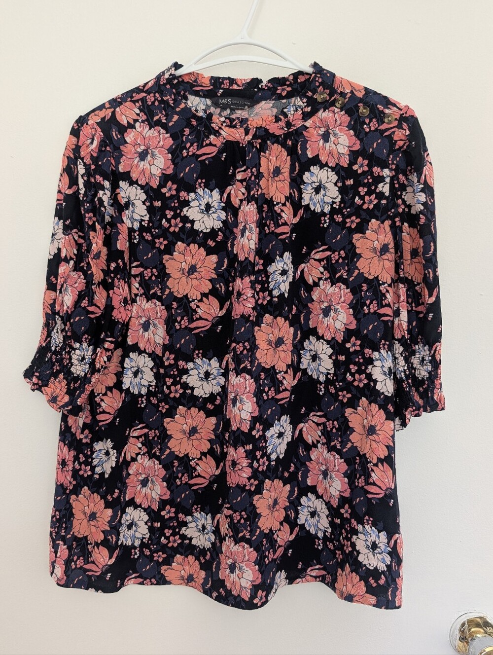 Pink Blue Floral Boho Blouse High Neck Smocked Cuffs Romantic Cottagecore US 12